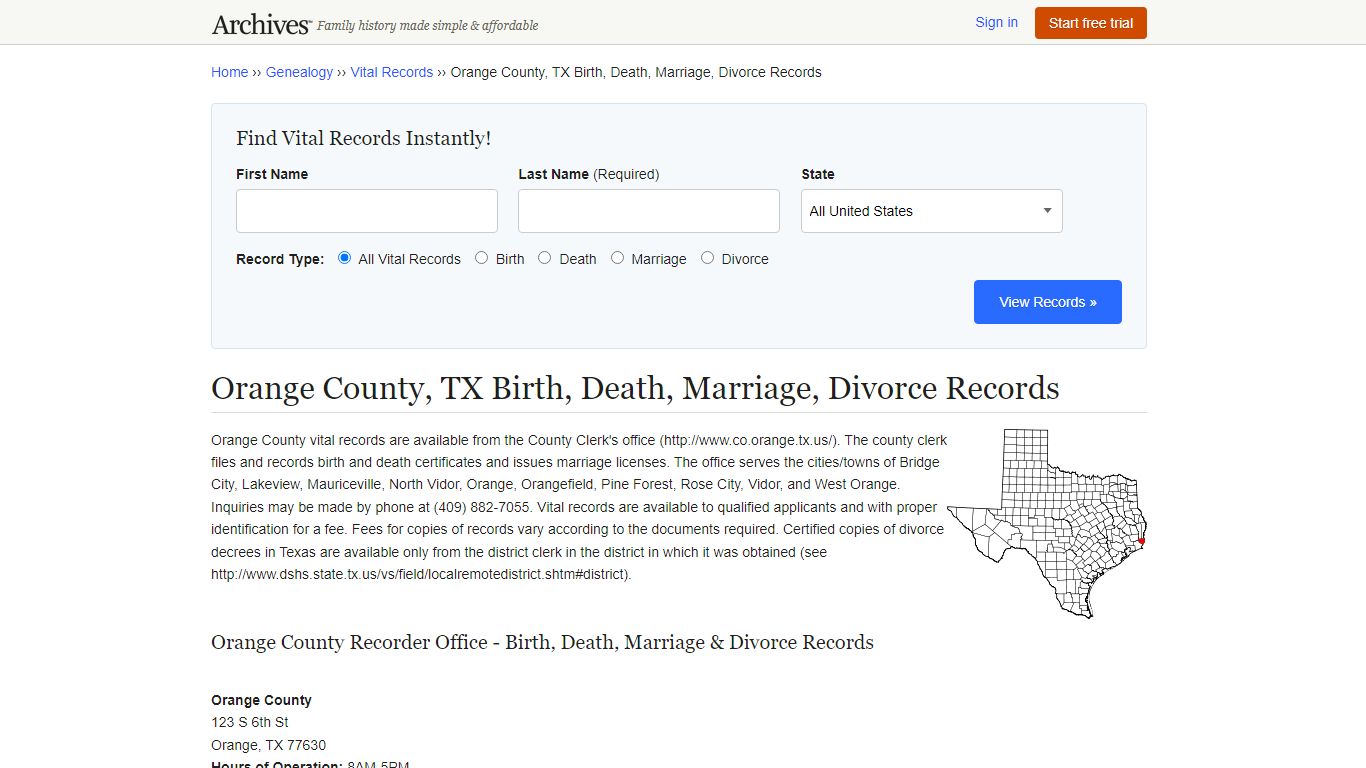 Orange County, TX Birth, Death, Marriage, Divorce Records