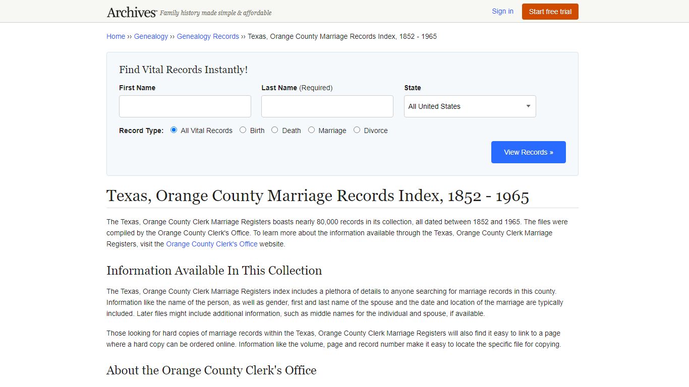 Texas, Orange County Marriage Records Index, 1852 - 1965 - Archives.com